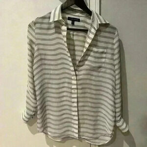 Banana Republic Grey and White Horizontal Stripe Long Sleeve Blouse